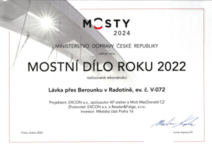 Lávka v Radotíně získala ocenění " Mostní dílo roku 2022"