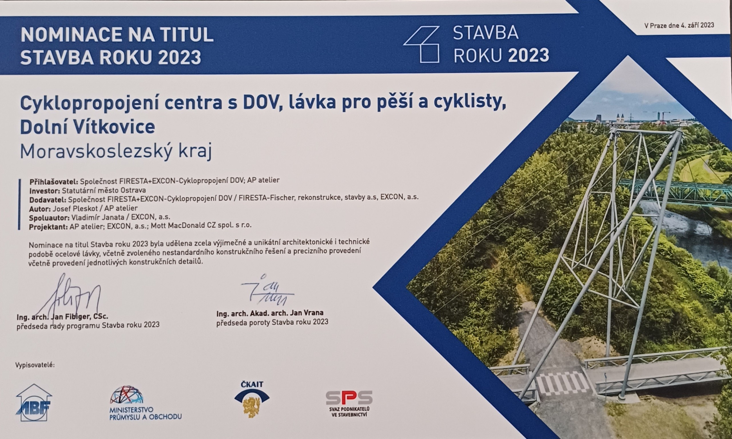 NOMINACI NA TITUL STAVBA ROKU2023 ZÍSKALA STAVBA „CYKLOPROPOJENÍ CENTRA S DOV, LÁVKA PRO PĚŠÍ A CYKLISTY, DOLNÍ VÍTKOVICE“