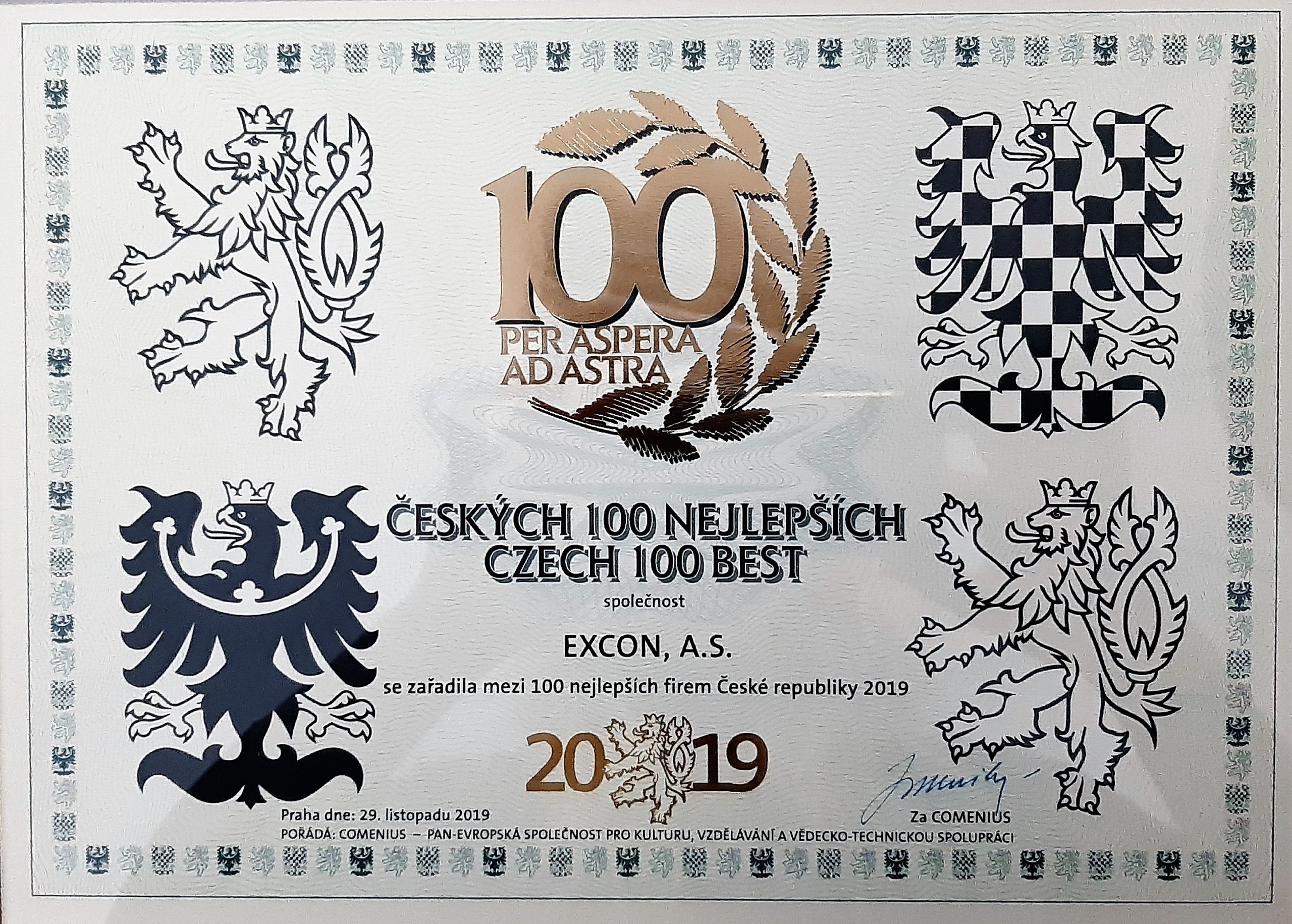 Společnost EXCON získala ocenění Českých 100 nejlepších 2019