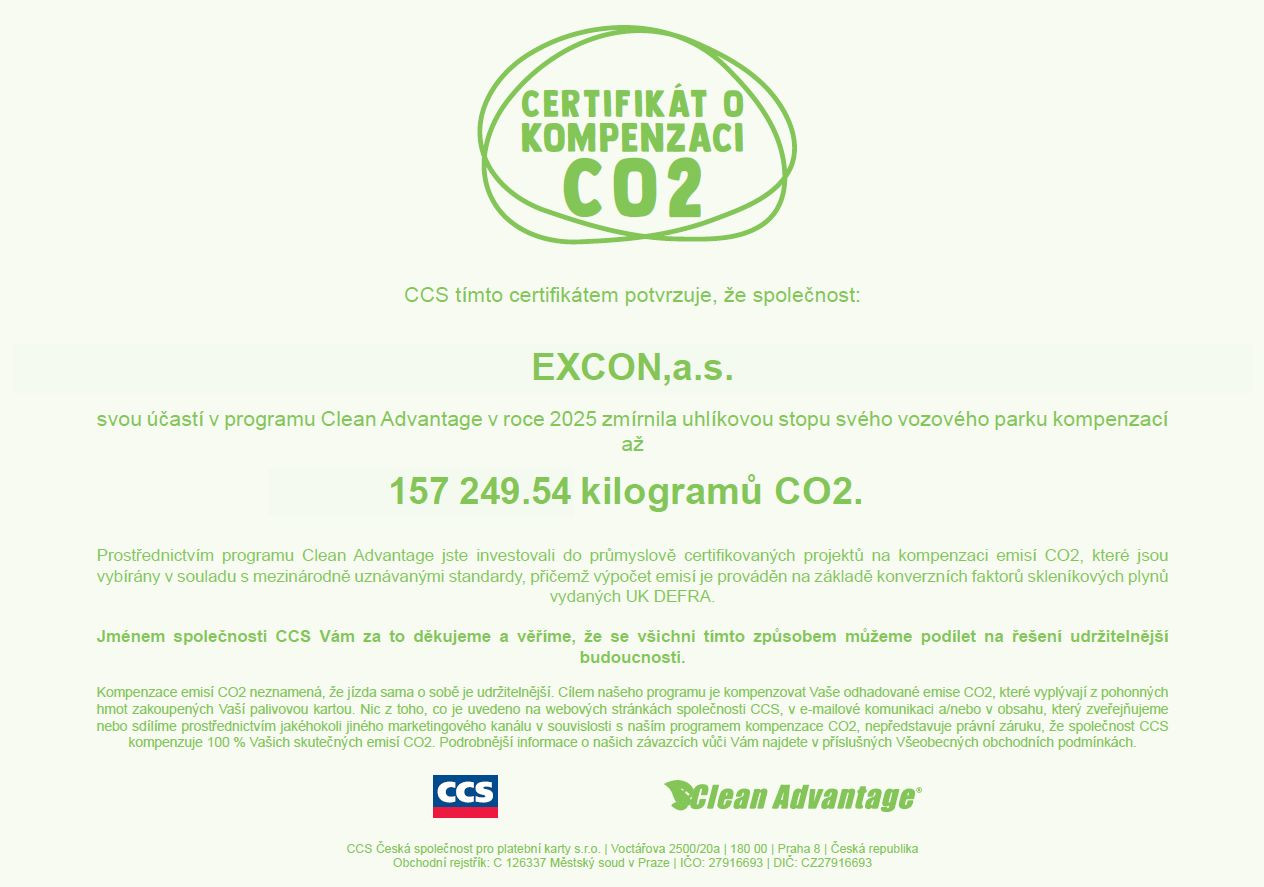 Certifikát o kompenzaci Co2 vydaný společností CCS
