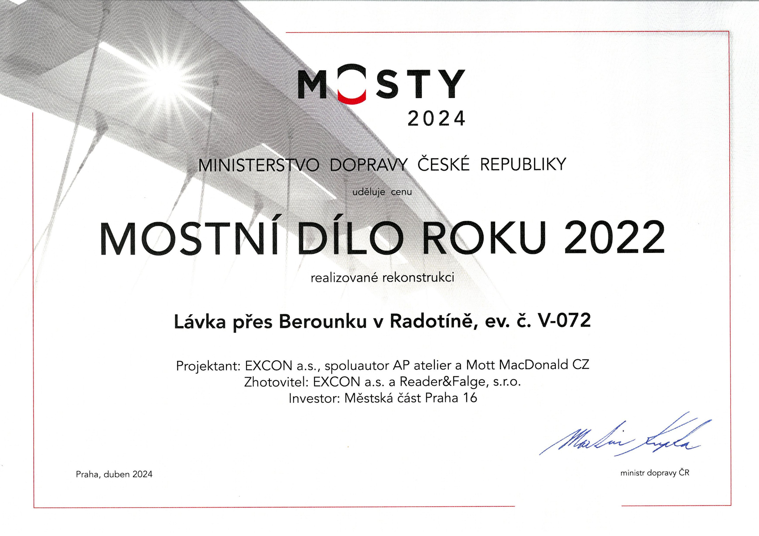 Lávka v Radotíně získala ocenění " Mostní dílo roku 2022"