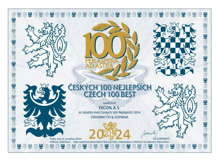 I v letošním roce EXCON patří mezi Českých 100 nejlepších 2024 v kategorii Stavebnictví a doprava