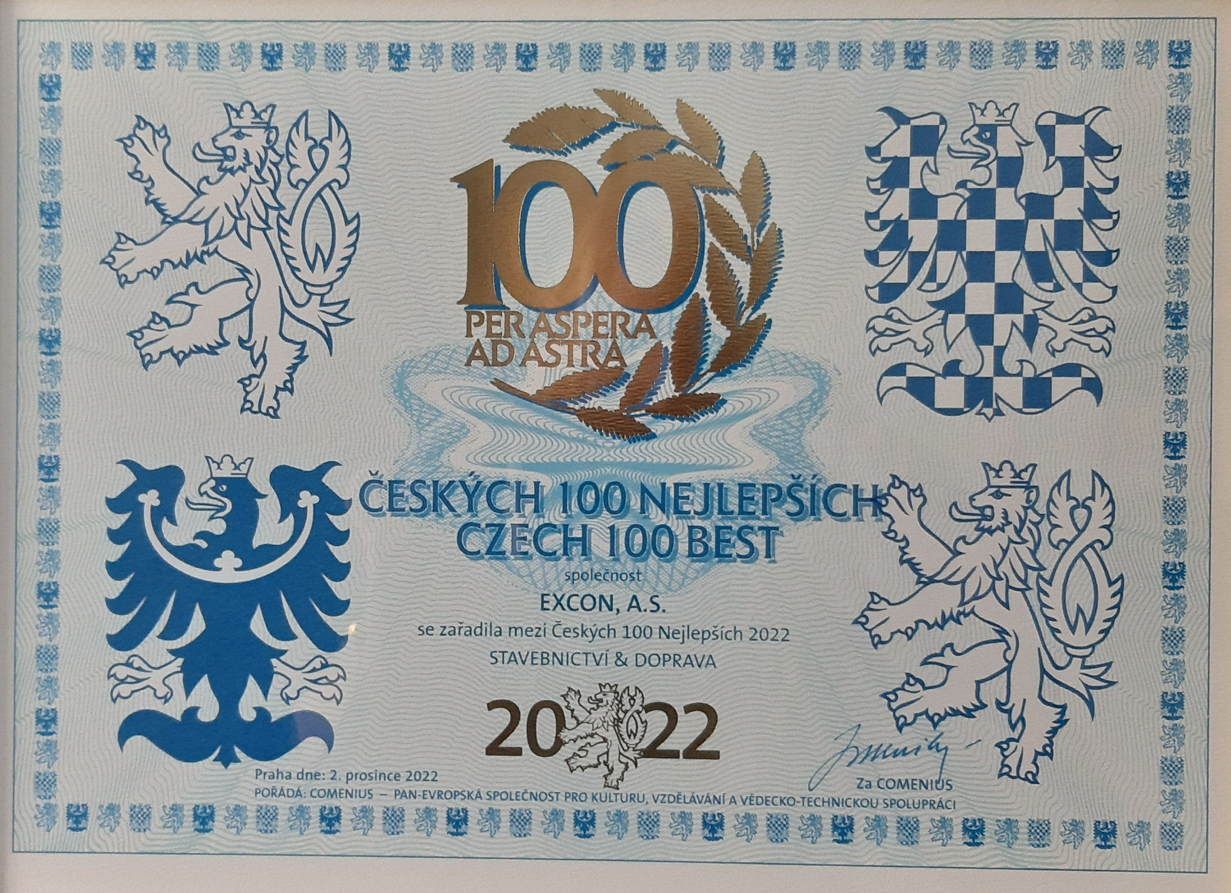 EXCON patří mezi Českých 100 nejlepších 2022 v kategorii Stavebnictví a doprava