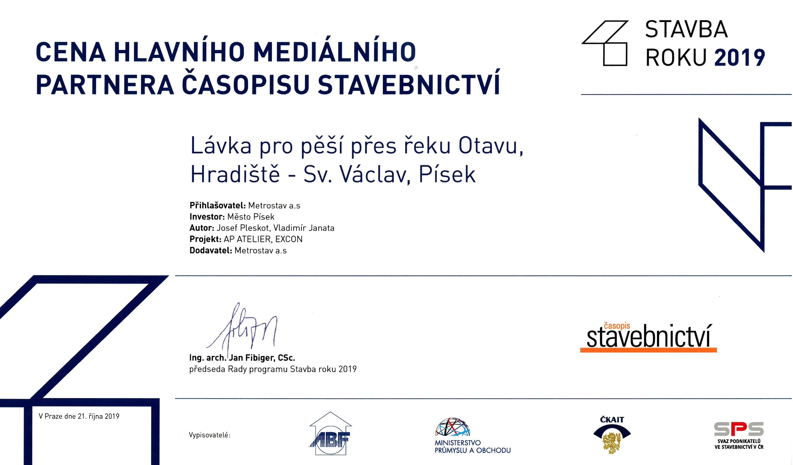 Lávka pro pěší získala ocenění v rámci soutěže Stavba roku 2019