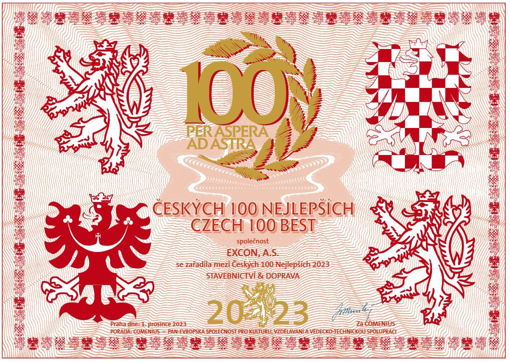 EXCON patří mezi Českých 100 nejlepších 2023 v kategorii Stavebnictví a doprava