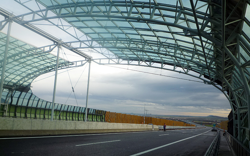 The steel structure of the anti noise tunnel on highway bridge near Vchynice village